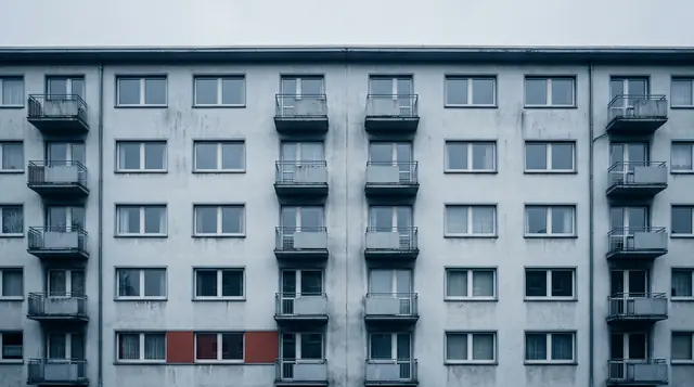 A plain five-storey rental block from the 1960s with a strict grid of windows and small balconies
